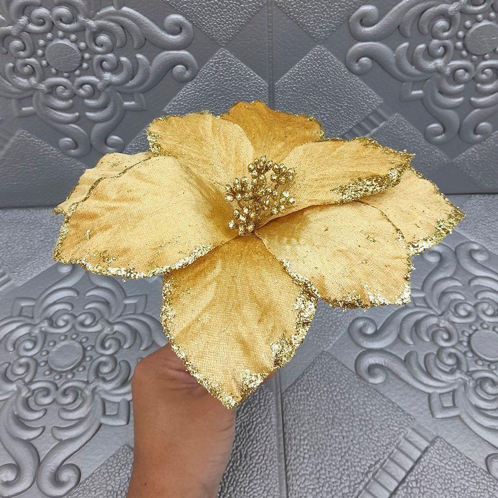 Flores Ramos Arranjo Dourado Enfeite Natalino 20cm Kit 12pçs - 2