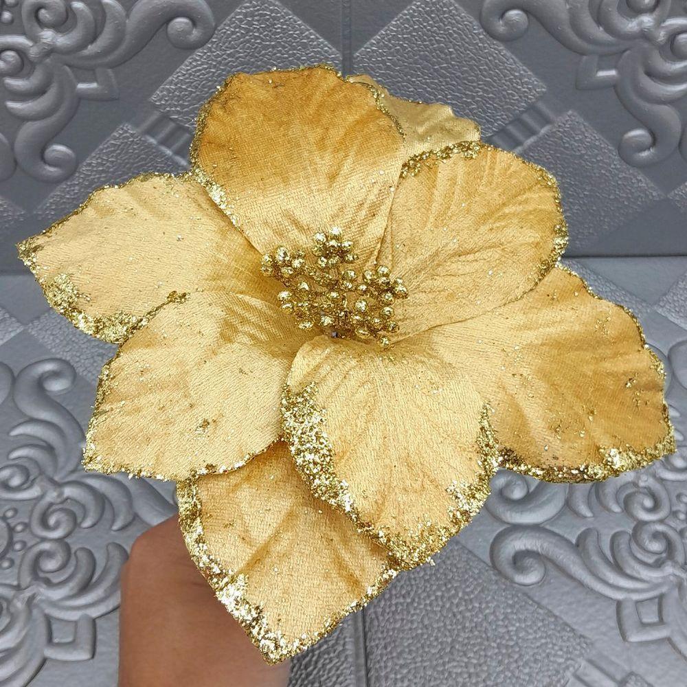 Flores Ramos Arranjo Dourado Enfeite Natalino 20cm Kit 4pçs - 3