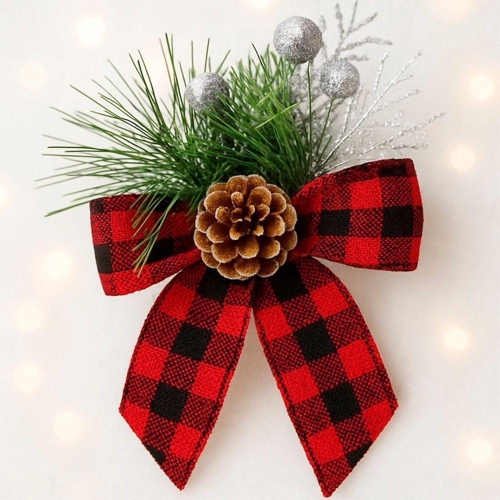 Arranjo Laço Pinheiro Enfeite Natalino Xadrez 15cm Kit 20pçs - 1