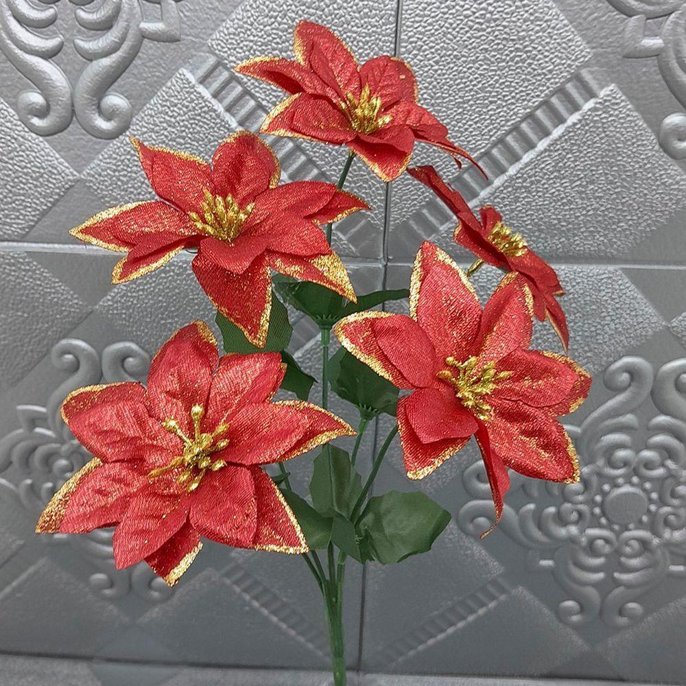 Buquê 5 Galhos Vermelho Metalizados Natalino 30cm Kit 12pçs - 3