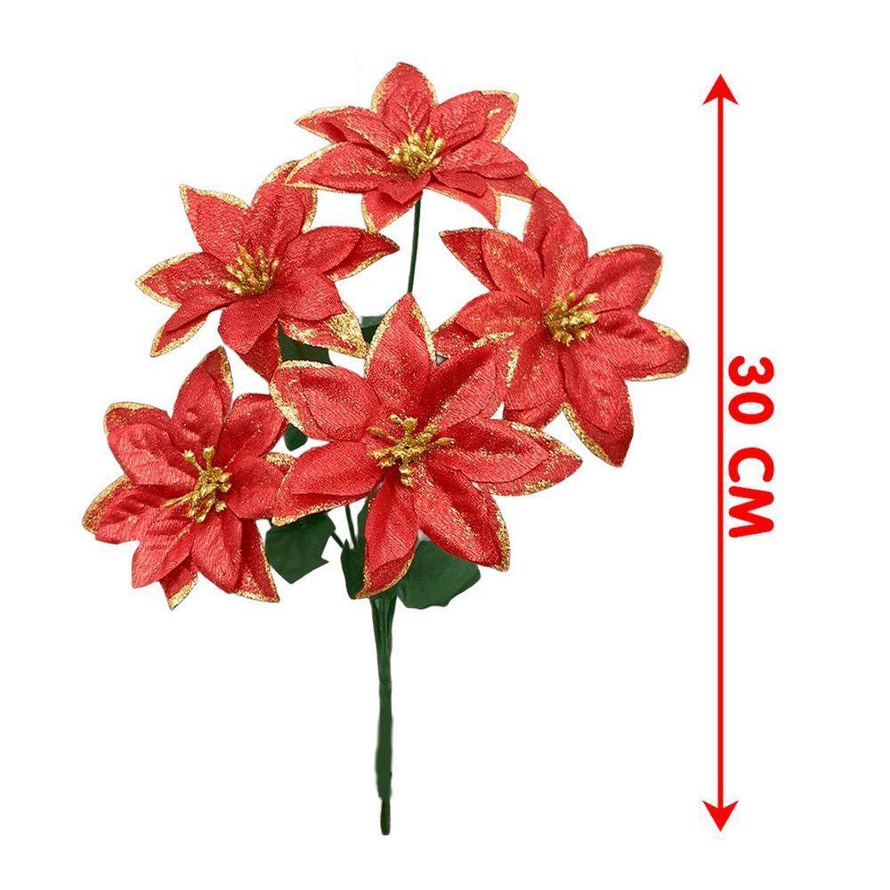 Buquê 5 Galhos Vermelho Metalizados Natalino 30cm Kit 12pçs - 4
