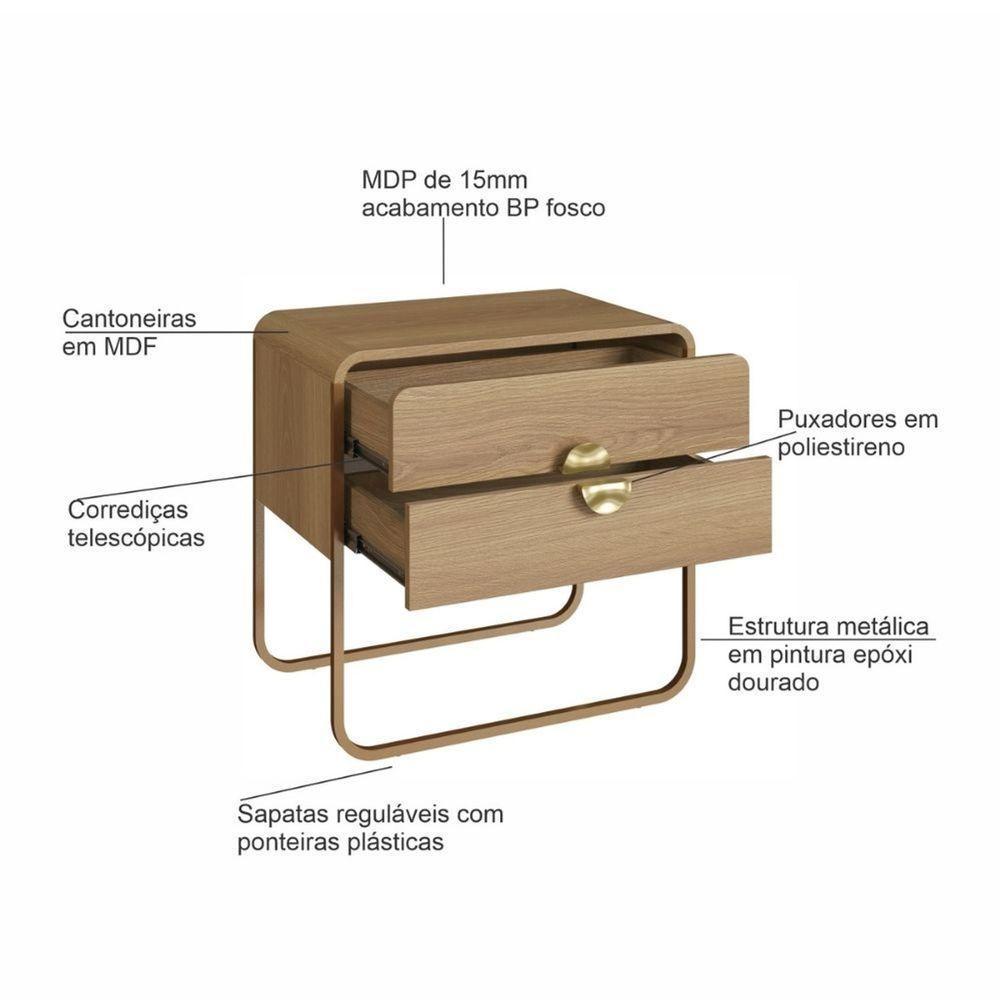 Mesa De Cabeceira Orgânica Luna Artesano 60 Cm (largura) Em Mdp Hanover Duas Gavetas Base Metal Dour - 3