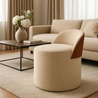 Puff Encosto Corino Redondo Suede Sala Penteadeira Quarto Cor:bege - 1