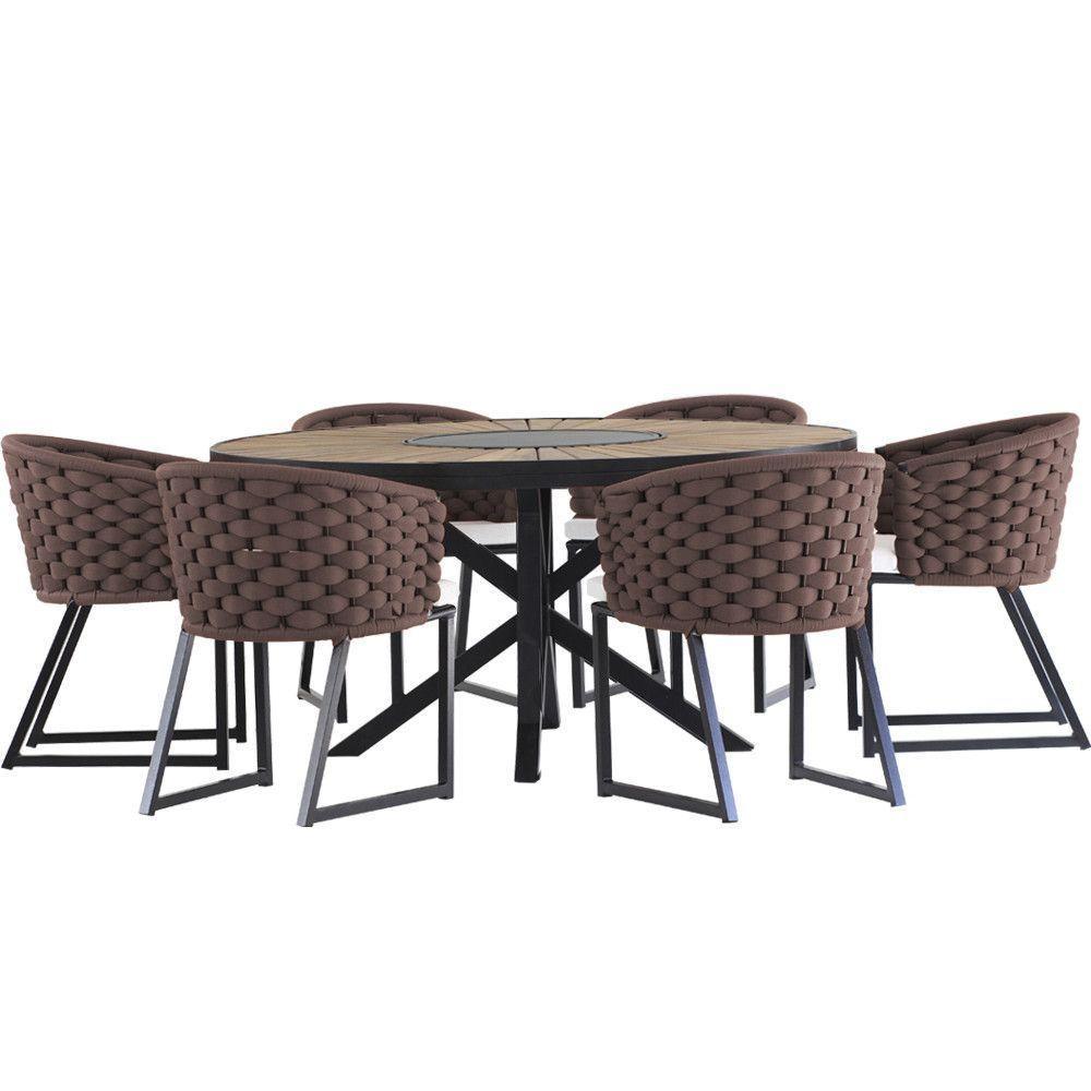 Kit 6 Cadeira Bali Alumínio Em Tricô Náutico E Mesa Trama Marrom - 1