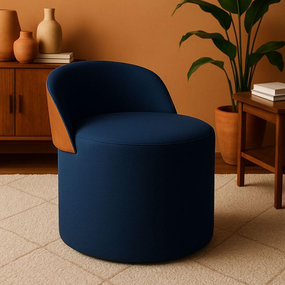 Puff Encosto Corino Redondo Suede Sala Penteadeira Quarto Cor:azul Marinho - 1