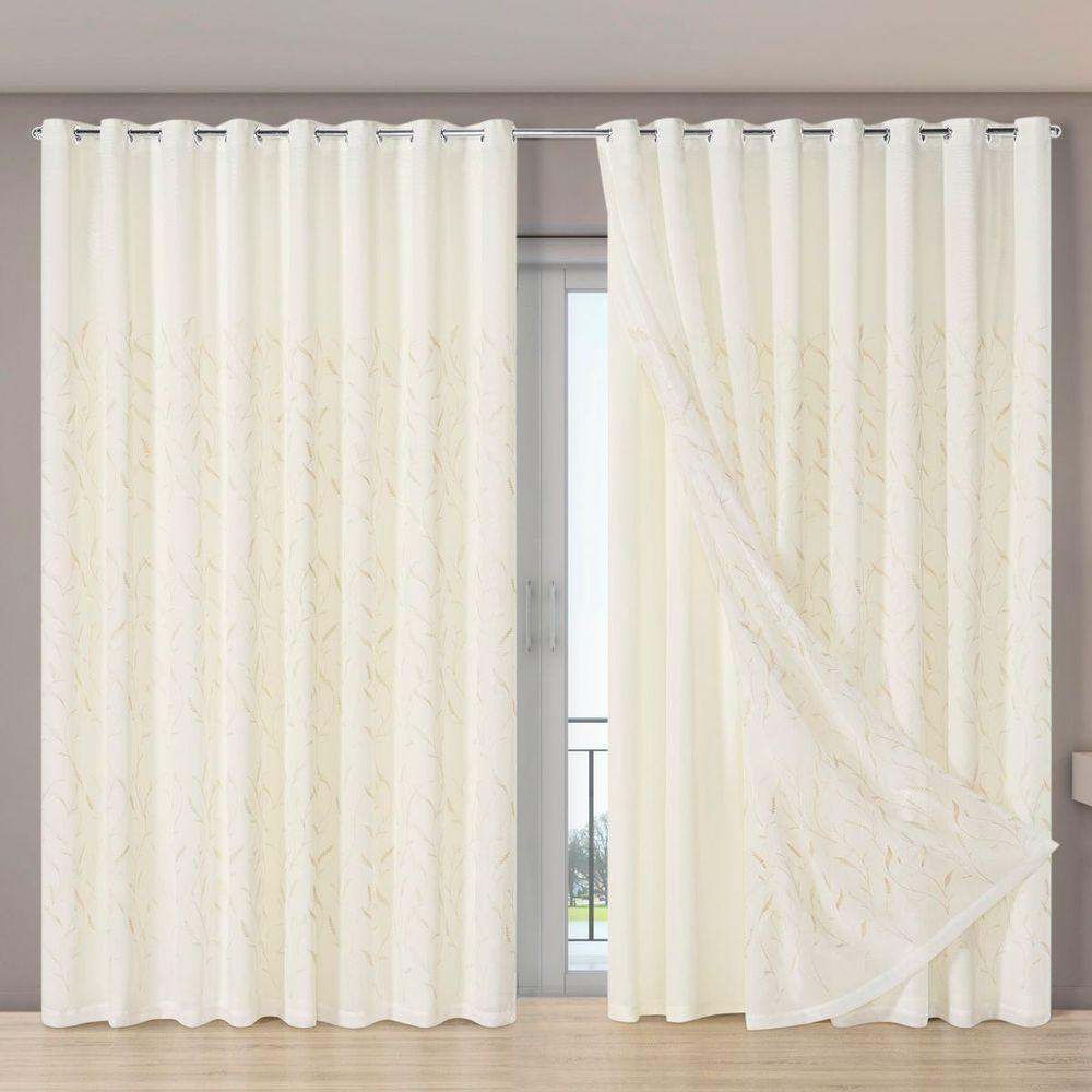 Cortina Dual Microfibra Voil Gaze Bordado 5,60m X 2,70m 100% Poliéster - Leaves Bege - 1