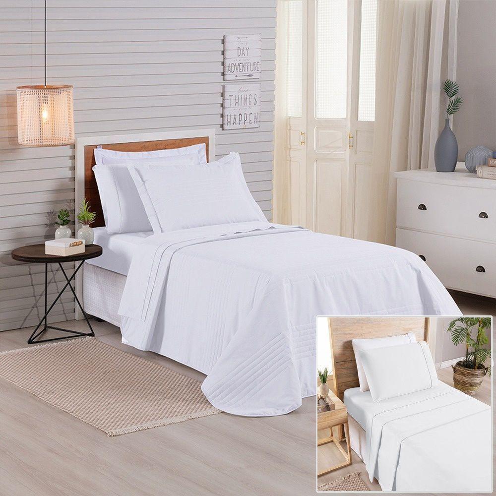 Kit Cobre Leito + Jogo De Cama Premier Solteiro 5 Peças Hipercal 200 Fios 80% Algodão, 20% Poliéster - Branco - 1