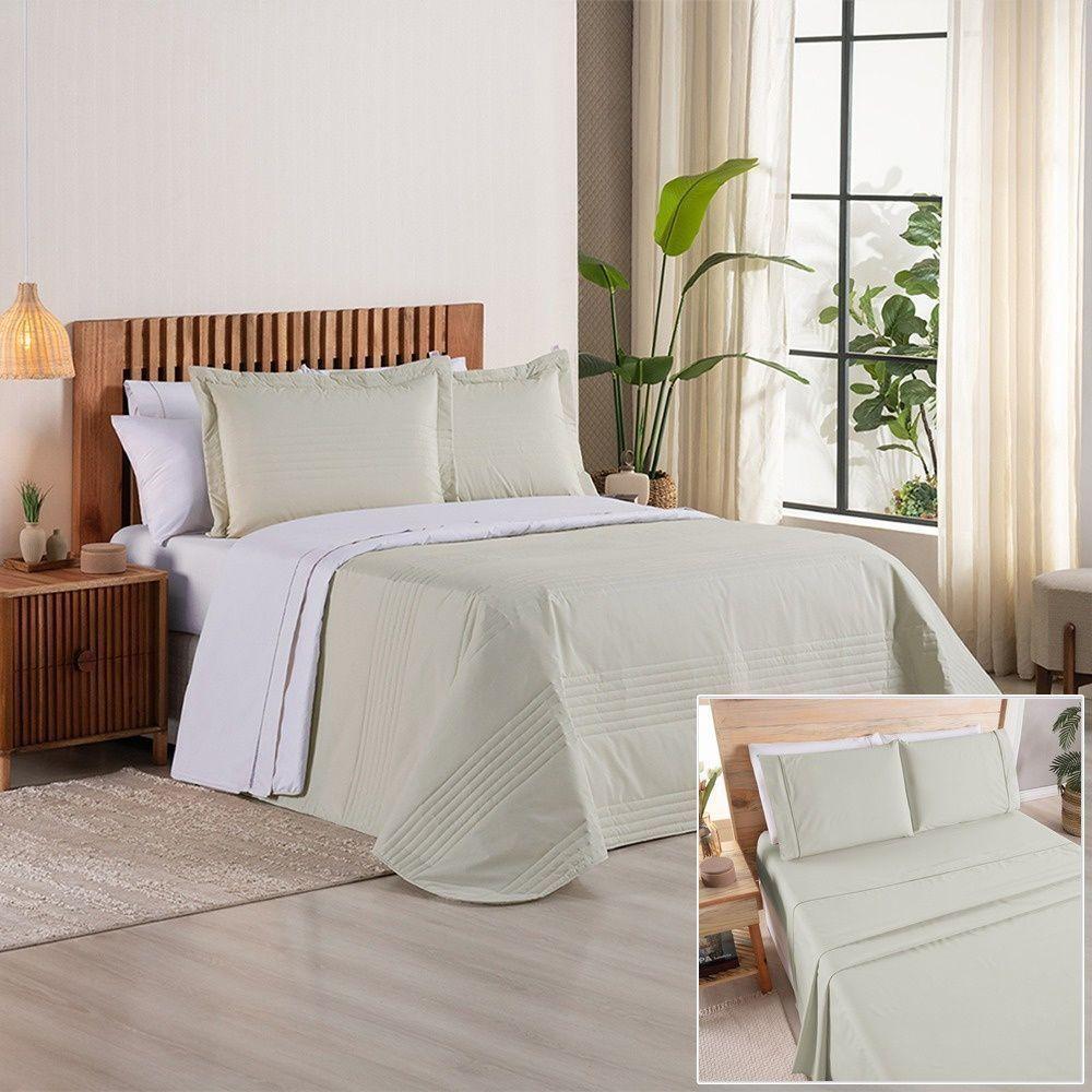 Kit Cobre Leito + Jogo De Cama Premier Queen 7 Peças Hipercal 200 Fios 80% Algodão, 20% Poliéster - Caqui - 1