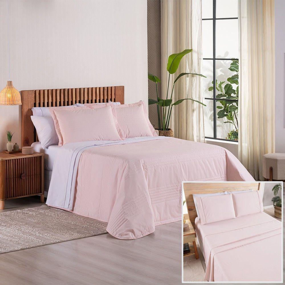 Kit Cobre Leito + Jogo De Cama Premier Queen 7 Peças Hipercal 200 Fios 80% Algodão, 20% Poliéster - Rosa - 1
