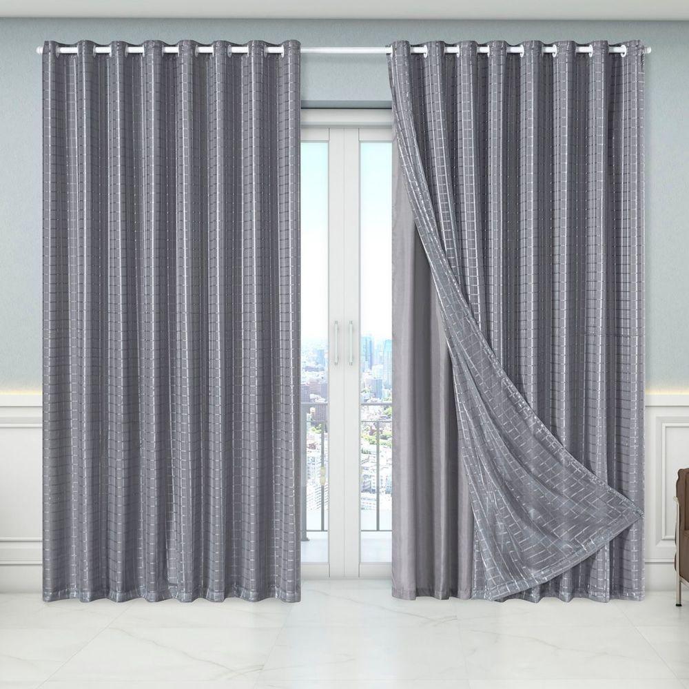 Cortina Dual Forro Microfibra C/ Voil Xadrez 2,70m X 2,30m 100% Poliéster - Cinza - 1