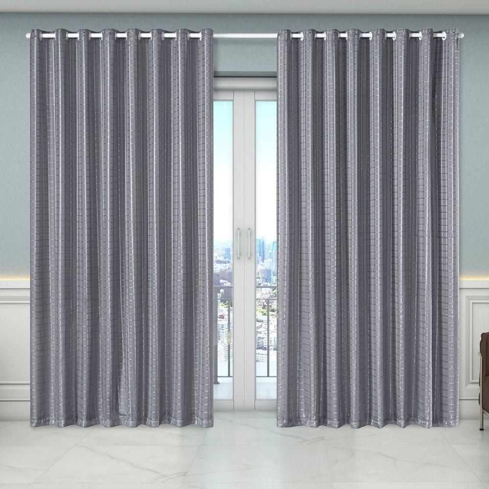 Cortina Dual Forro Microfibra C/ Voil Xadrez 2,70m X 2,30m 100% Poliéster - Cinza - 2