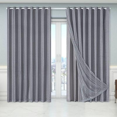 Cortina Dual Forro Microfibra C/ Voil Xadrez 2,70m X 2,30m 100% Poliéster - Cinza