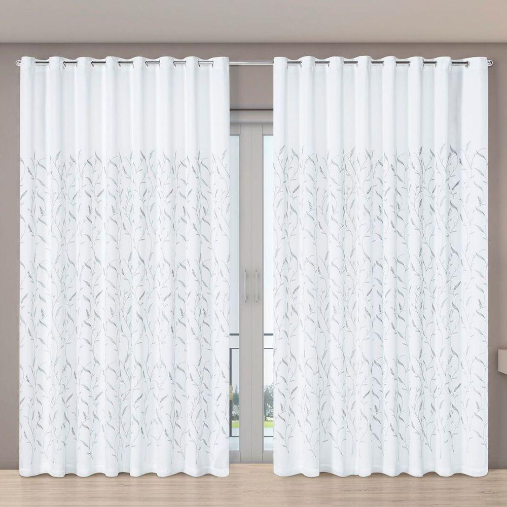 Cortina Dual Microfibra Voil Gaze Bordado 2,70m X 2,30m 100% Poliéster - Leaves Branco - 2
