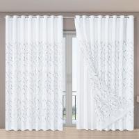 Cortina Dual Microfibra Voil Gaze Bordado 2,70m X 2,30m 100% Poliéster - Leaves Branco - 1