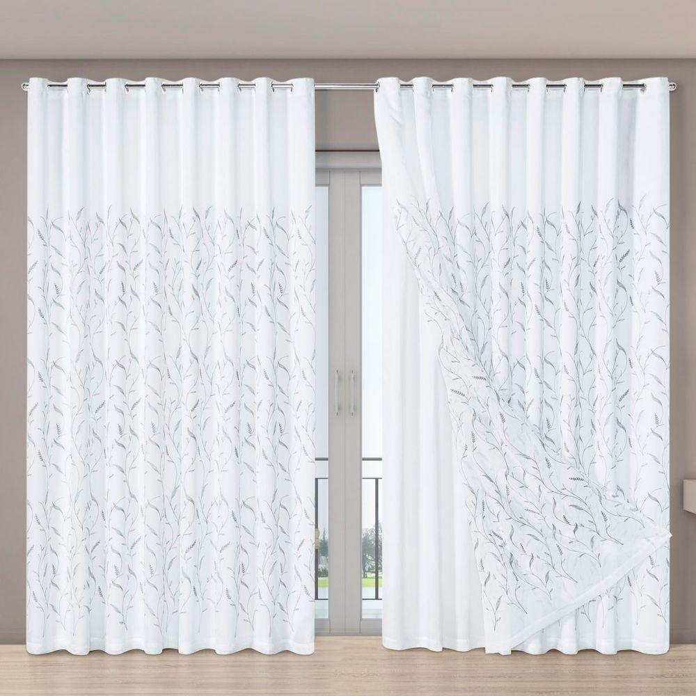 Cortina Dual Microfibra Voil Gaze Bordado 4,00m X 2,70m 100% Poliéster - Leaves Branco - 1