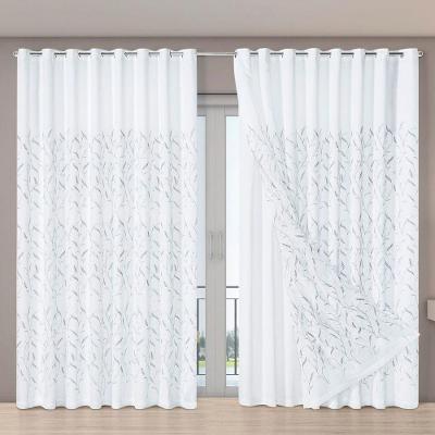 Cortina Dual Microfibra Voil Gaze Bordado 4,00m X 2,70m 100% Poliéster - Leaves Branco