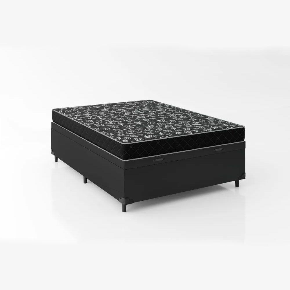 Cama Box Baú Casal 138 Sintético Preto Com Colchão De Espuma D20 - Tampo Preto 12cm - 4