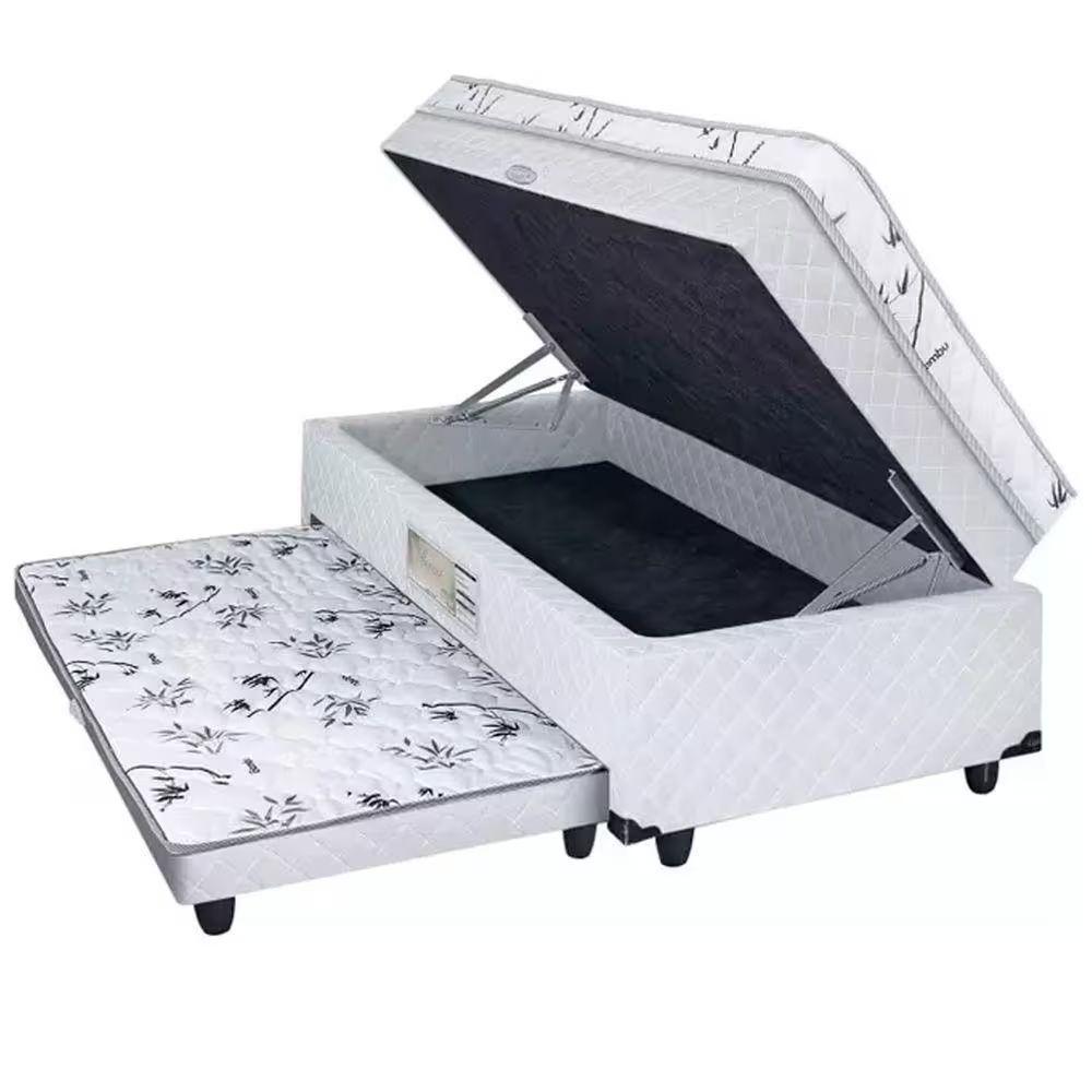 Cama Box Baú Solteiro Conjugado Espuma Com Cama Auxiliar Bicama 3 Em 1 - Matelassê Branco - 1