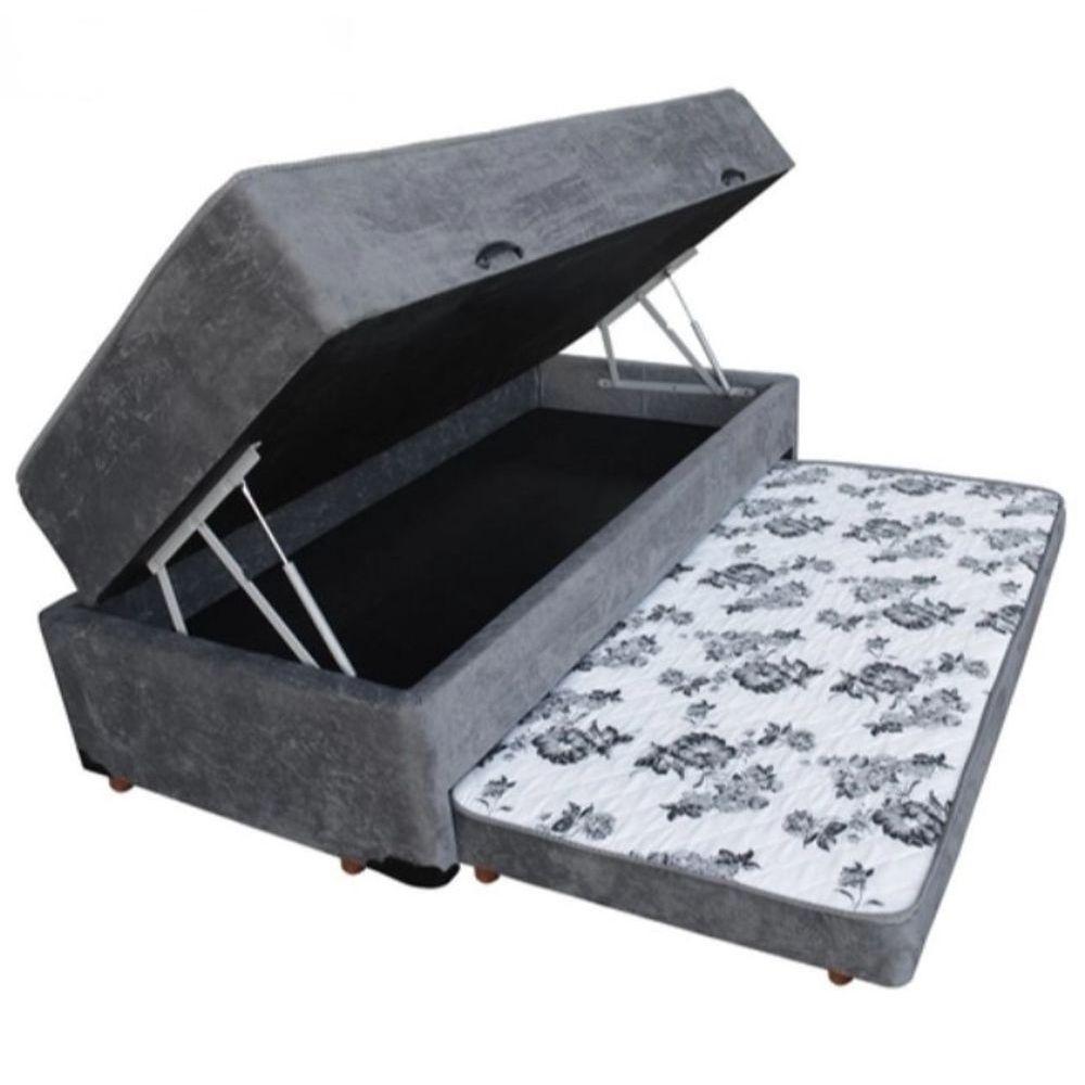 Cama Box Baú Solteiro Conjugado De Mola Com Cama Auxiliar Bicama 3 Em 1 Suede Cinza - 1