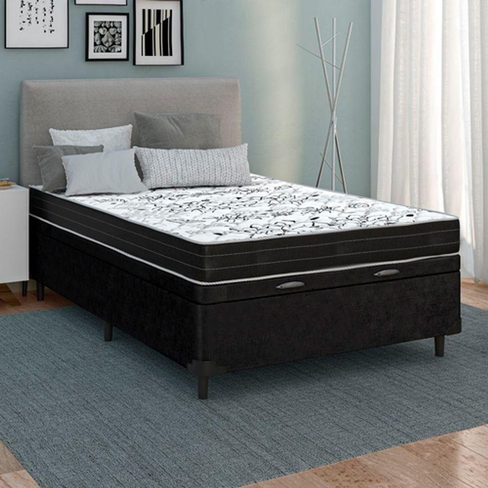 Cama Box Baú Casal Sintético Preto Colchão De Espuma Semi Ortopédica Extra Firme 80kg - 2