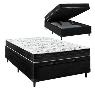 Cama Box Baú Casal Sintético Preto Colchão De Espuma Semi Ortopédica Extra Firme 80kg