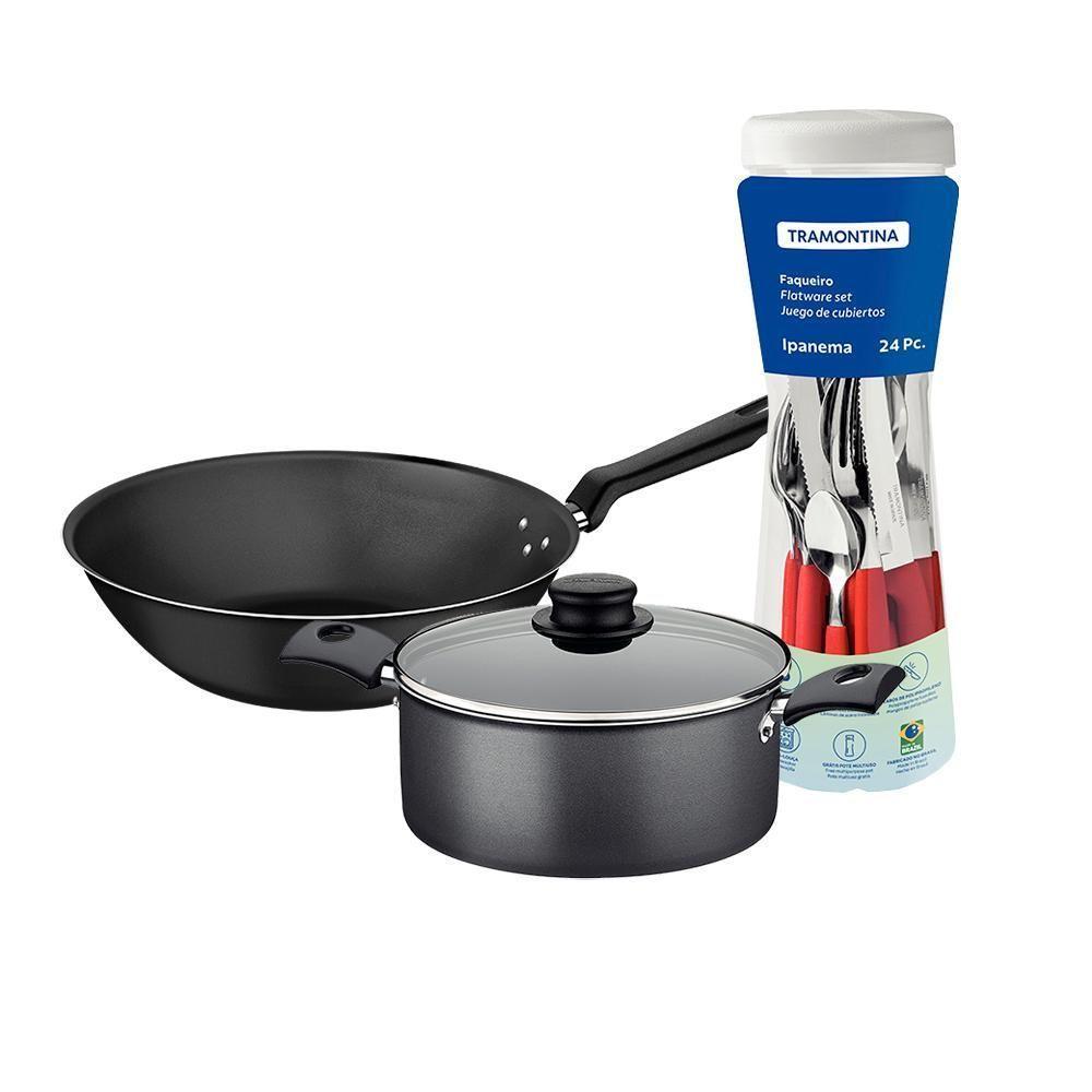 Caçarola Turim Alumínio Chumbo Antiaderente 2,8l + Faqueiro Ipanema Vermelho 24pc + Wok Loreto 3,6l - 1