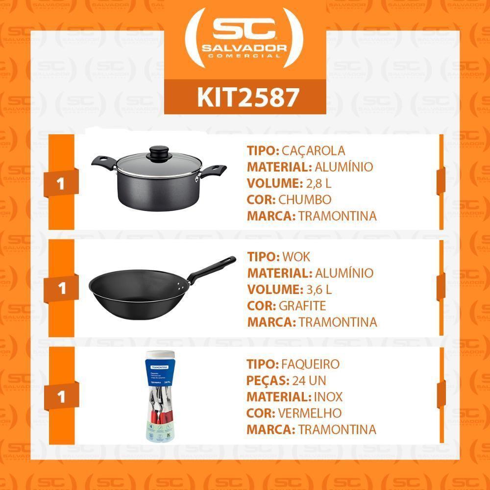 Caçarola Turim Alumínio Chumbo Antiaderente 2,8l + Faqueiro Ipanema Vermelho 24pc + Wok Loreto 3,6l - 2
