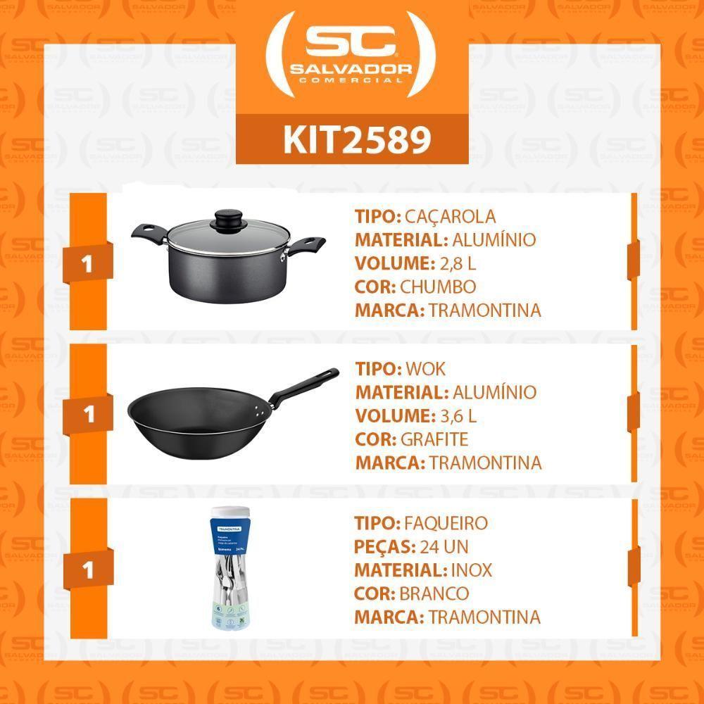 Caçarola Turim Alumínio Chumbo Antiaderente 2,8l + Faqueiro Ipanema Branco 24pc + Wok Loreto 3,6l - 10