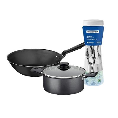 Kit Caçarola Turim 2,8L Faqueiro Ipanema 24 Peças e Wok Loreto 3,6L Tramontina