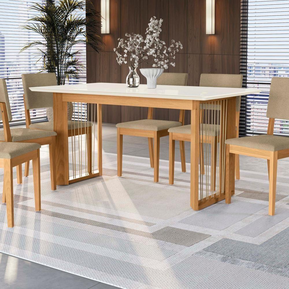 Conjunto Sala De Jantar Dora Em Madeira Maciça 6 Cadeiras Boucle Bege - 6