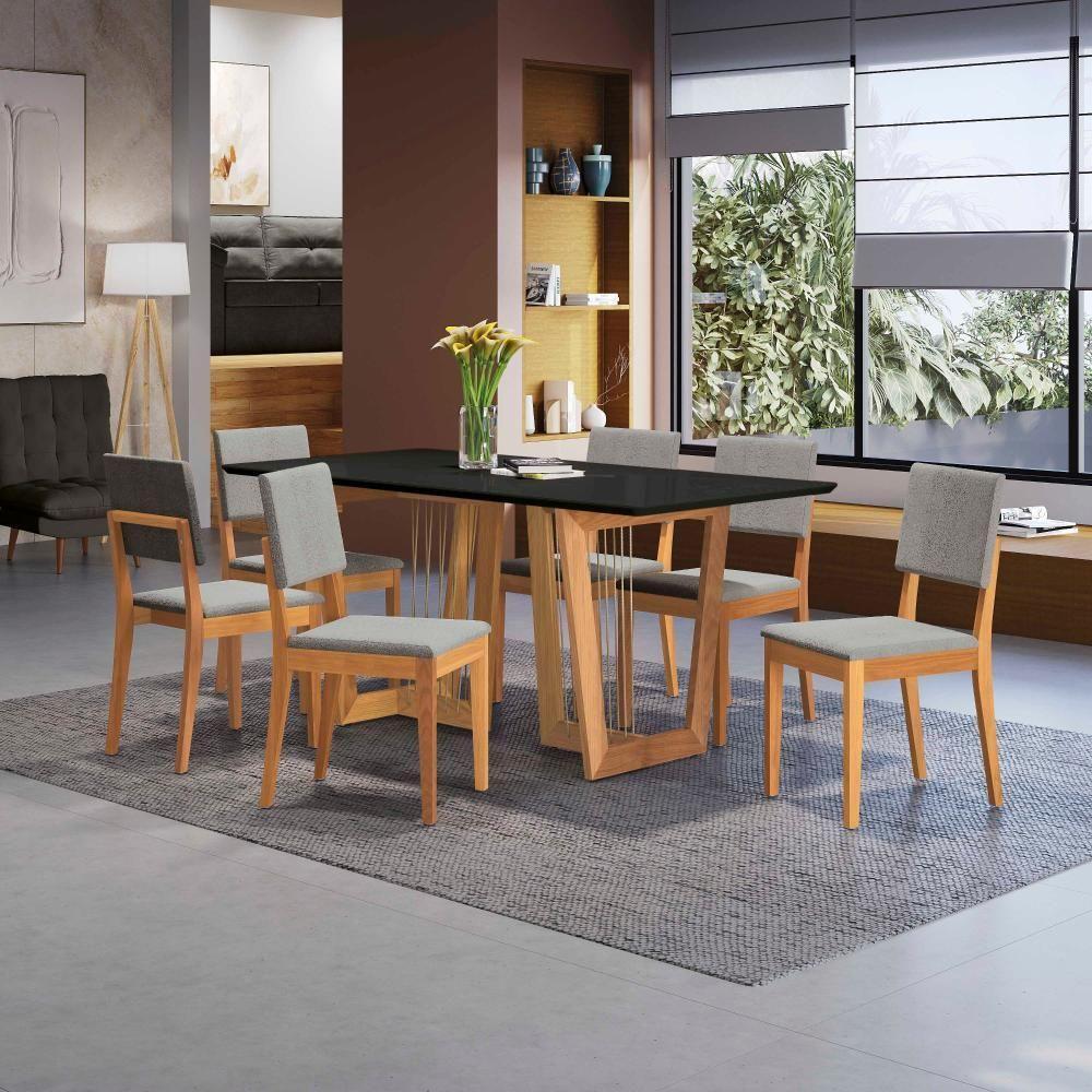 Conjunto Sala De Jantar Dora Em Madeira Maciça 6 Cadeiras Boucle Cinza - 1