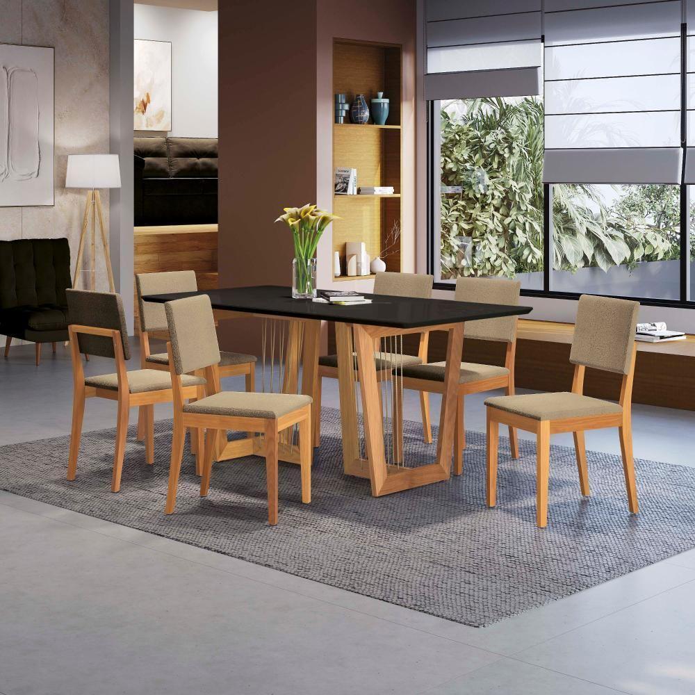 Conjunto Sala De Jantar Dora Em Madeira Maciça 6 Cadeiras Boucle Bege - 1