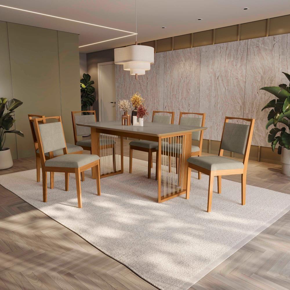 Conjunto Sala De Jantar Lina Em Madeira Maciça 6 Cadeiras Linho Fendi - 1
