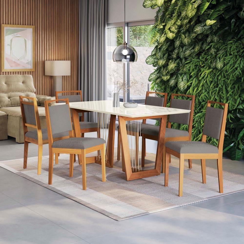 Conjunto Sala De Jantar Lina Em Madeira Maciça 6 Cadeiras Boucle Cinza - 1