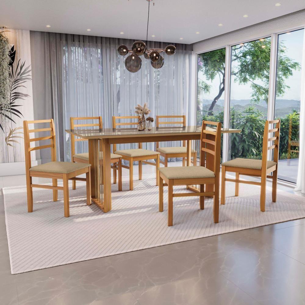 Conjunto Sala De Jantar Elisa Em Madeira Maciça 6 Cadeiras Boucle Bege - 1