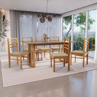 Conjunto Sala De Jantar Elisa Em Madeira Maciça 6 Cadeiras Boucle Bege