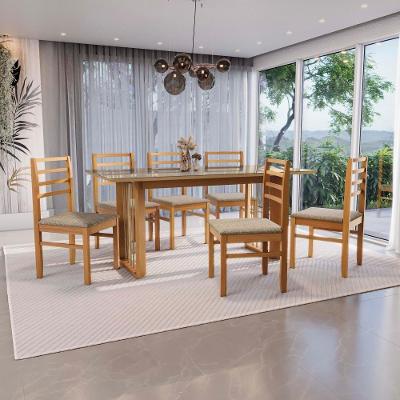 Conjunto Sala De Jantar Elisa Em Madeira Maciça 6 Cadeiras Linho Fendi