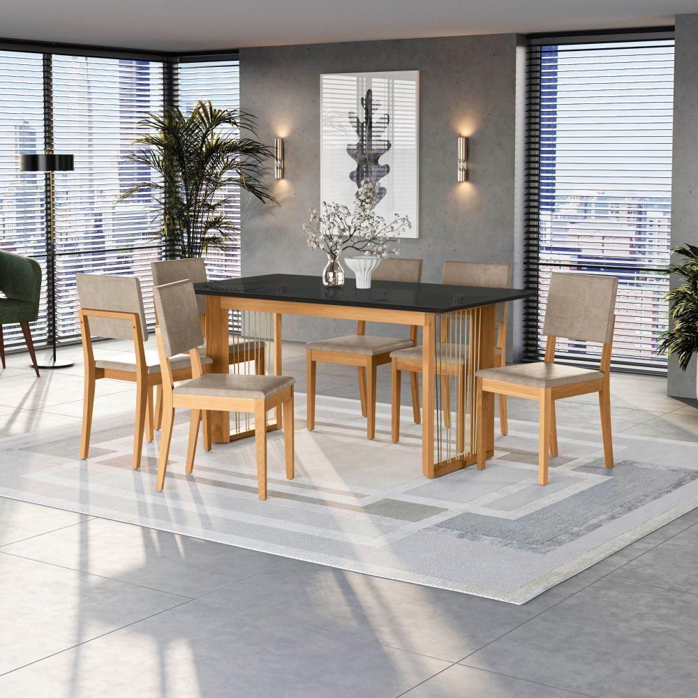 Conjunto Sala De Jantar Dora Em Madeira Maciça 6 Cadeiras Linho Fendi - 1