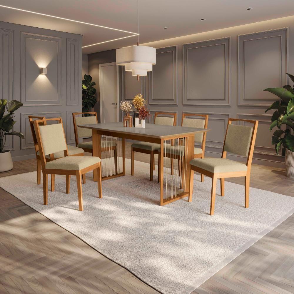 Conjunto Sala De Jantar Lina Em Madeira Maciça 6 Cadeiras Boucle Bege - 1