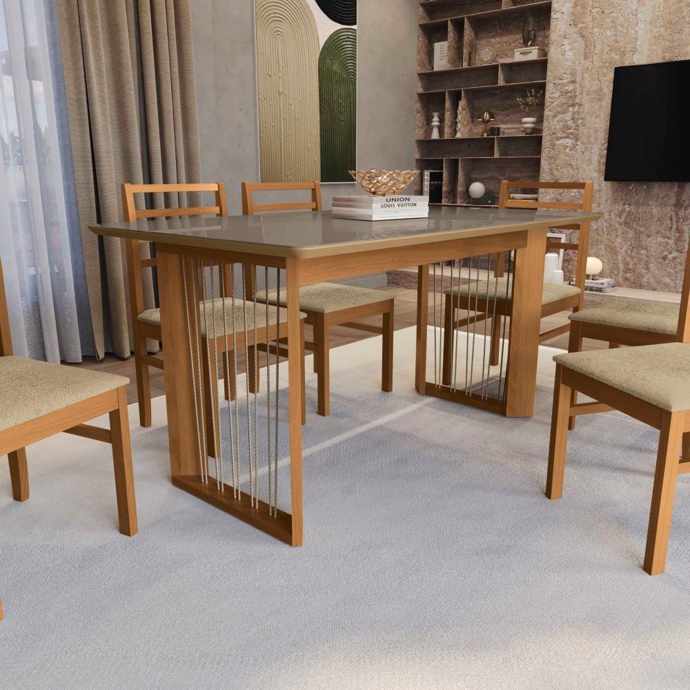 Conjunto Sala De Jantar Elisa Em Madeira Maciça 6 Cadeiras Boucle Bege - 3