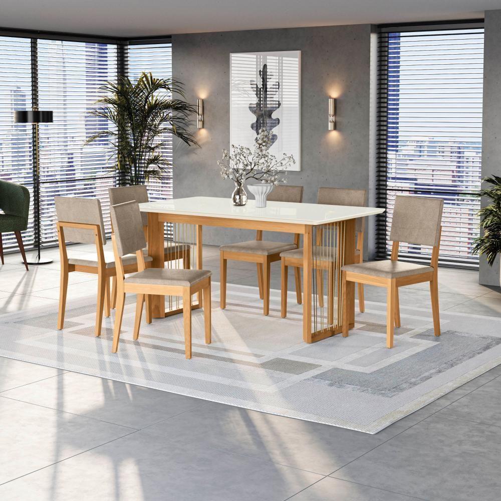 Conjunto Sala De Jantar Dora Em Madeira Maciça 6 Cadeiras Linho Fendi - 1