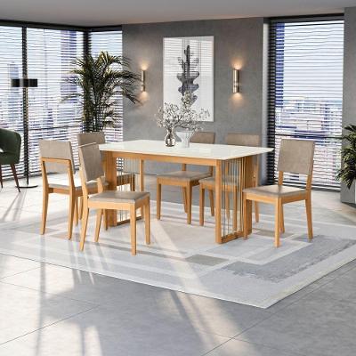 Conjunto Sala De Jantar Dora Em Madeira Maciça 6 Cadeiras Linho Fendi