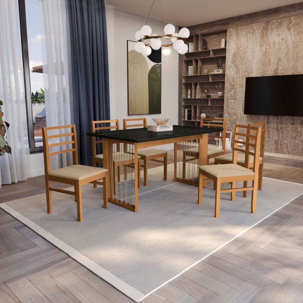 Conjunto Sala De Jantar Elisa Em Madeira Maciça 6 Cadeiras Boucle Bege - 1