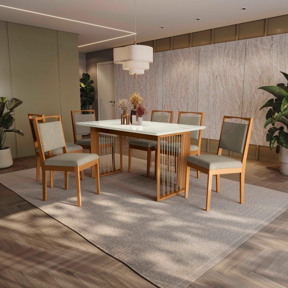 Conjunto Sala De Jantar Lina Em Madeira Maciça 6 Cadeiras Linho Fendi - 1