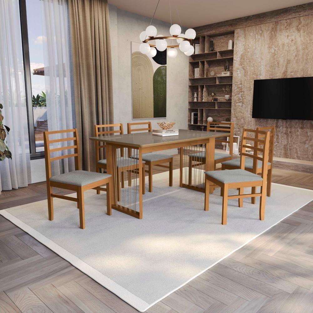 Conjunto Sala De Jantar Elisa Em Madeira Maciça 6 Cadeiras Boucle Cinza - 1