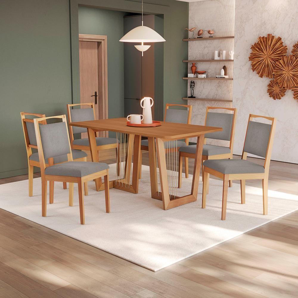 Conjunto Sala De Jantar Lina Em Madeira Maciça 6 Cadeiras Boucle Cinza - 1