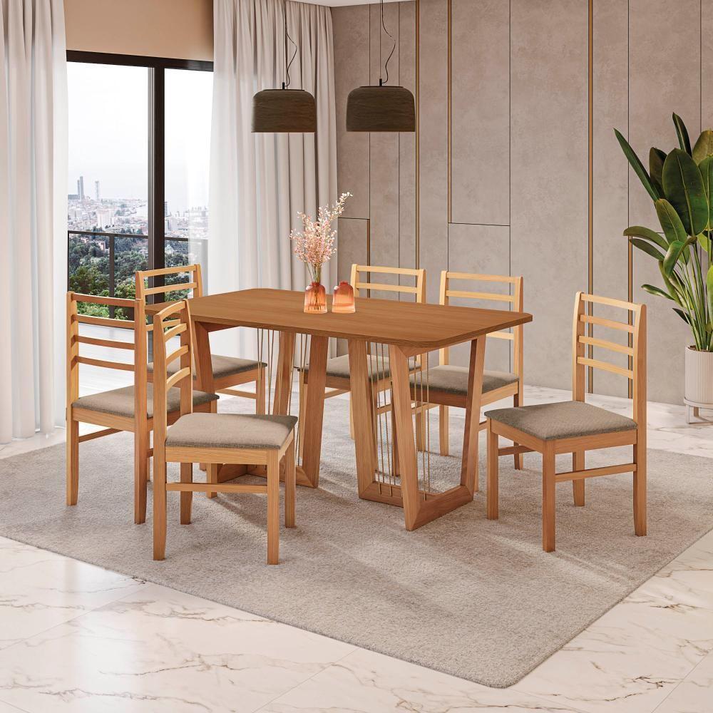Conjunto Sala De Jantar Elisa Em Madeira Maciça 6 Cadeiras Linho Fendi - 1