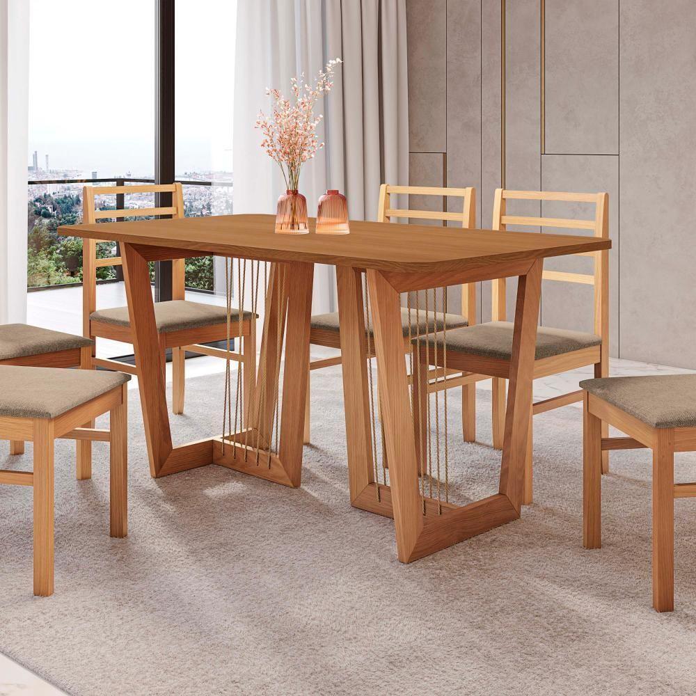 Conjunto Sala De Jantar Elisa Em Madeira Maciça 6 Cadeiras Linho Fendi - 6