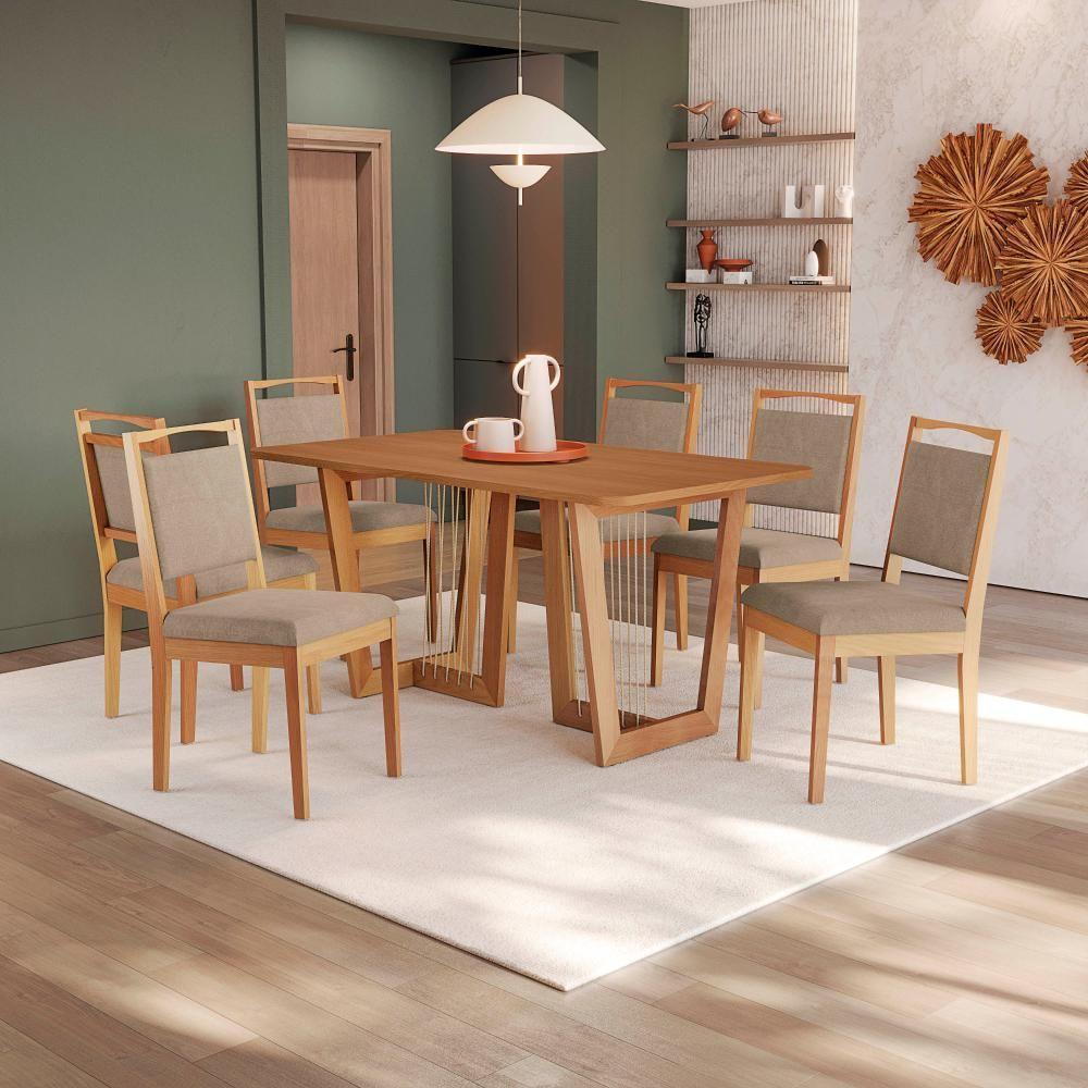 Conjunto Sala De Jantar Lina Em Madeira Maciça 6 Cadeiras Linho Fendi - 1