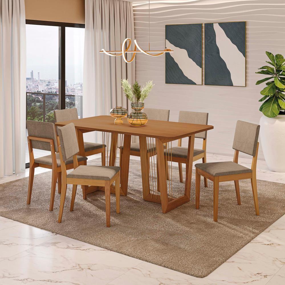 Conjunto Sala De Jantar Dora Em Madeira Maciça 6 Cadeiras Linho Fendi - 1